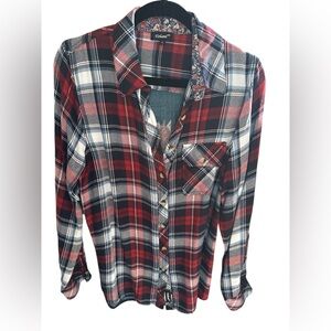 Tolani Plaid Boho Patch Button Down Shirt 
Western Coastal Cowgirl